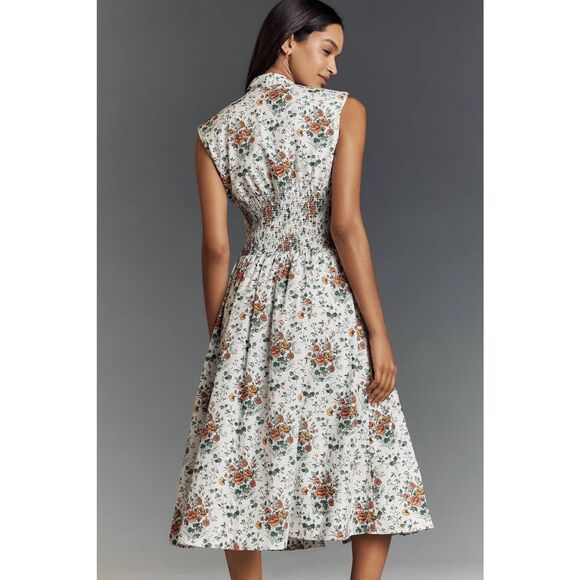 Anthropologie The Tommie Cap-Sleeve Smocked Front-Zip Midi Shirt Dress $170